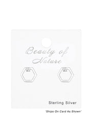 Sterling Silver Hexagon Ear Studs With Crystal - SS