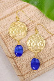 Blue Murano Glass & Hammered Disc Drop Earrings - GF