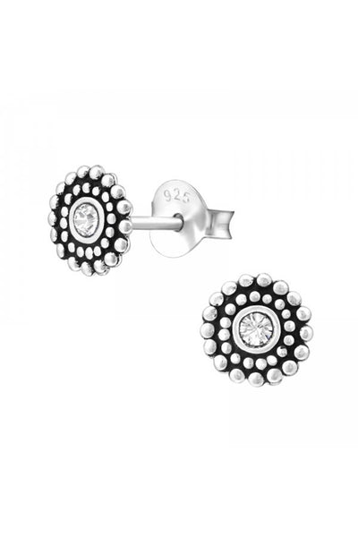 Sterling Silver Round Ear Studs With Genuine Crystals - SS