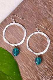 Teal Murano Glass & Hammered Hoop Drop Earrings - SF