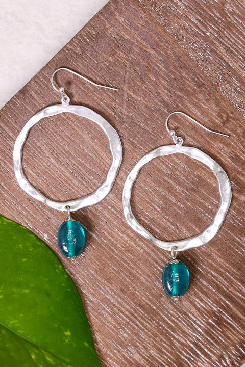 Teal Murano Glass & Hammered Hoop Drop Earrings - SF
