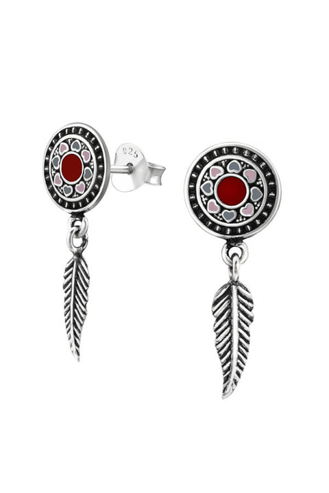 Sterling Silver Oxidized Ear Studs With Hanging Feather - SS