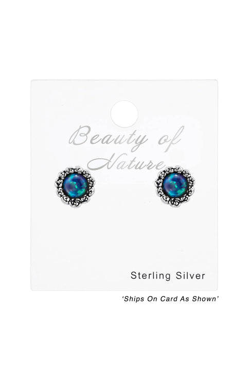 Sterling Silver Flower Ear Studs With Opal - SS