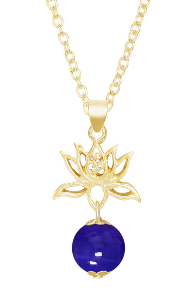 Blue Murano Glass & Lotus Pendant Necklace - GF