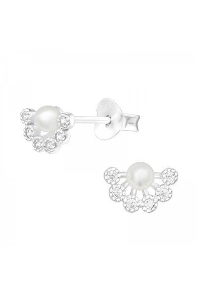 Sterling Silver Geometric Ear Studs With CZ and Pearl - SS