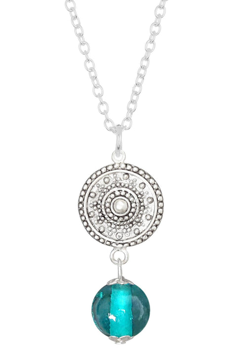 Teal Murano Glass & Mandala Disc Pendant Necklace - SF