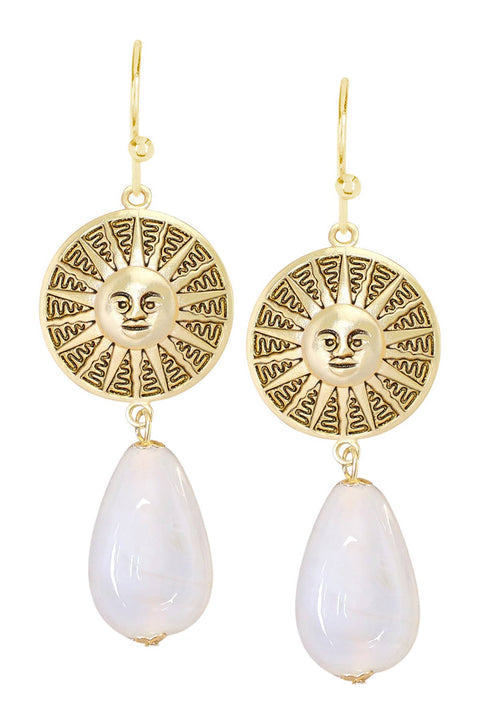 White Murano Glass & Aztec Sun Drop Earrings - GF