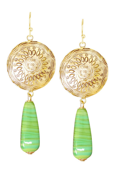 Green Murano Glass & Floral Hammered Disc Drop Earrings - GF