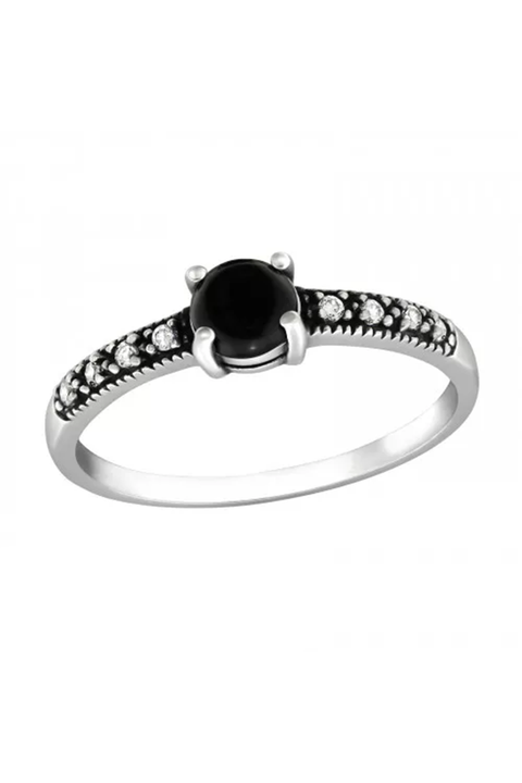 Sterling Silver Solitaire Ring With CZ and Onyx - SS