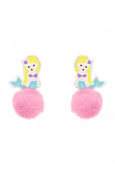 Sterling Silver Mermaid Ear Studs with Epoxy & Pom Pom - SS