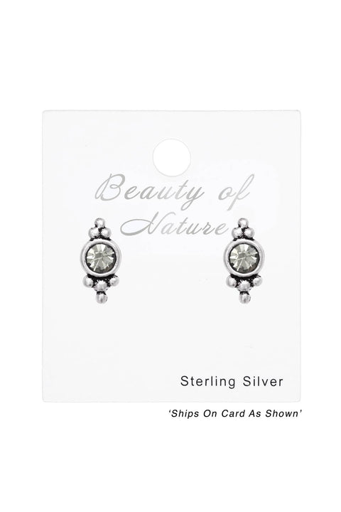 Sterling Silver Antique Ear Studs With Crystal - SS