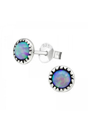 Sterling Silver Round Ear Studs With Opal - SS