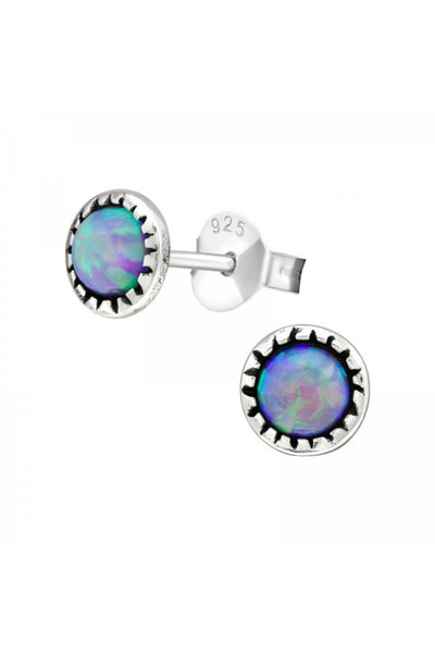 Sterling Silver Round Ear Studs With Opal - SS