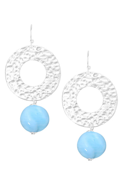 Blue Murano Glass & Hammered Circle Drop Earrings - SF