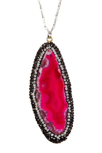 Pink Druzy Agate With Marcasite Pendant Necklace - SF