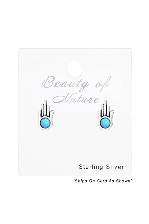 Sterling Silver Hamsa Ear Studs With Opal - SS