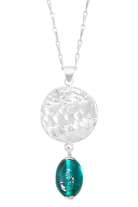 Teal Murano Glass & Hammered Disc Pendant Necklace - SF