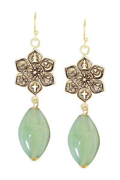 Green Murano Glass & Coexist Lotus Drop Earrings - GF