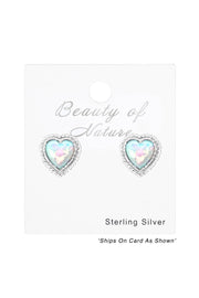 Sterling Silver Heart Ear Studs With Opal - SS