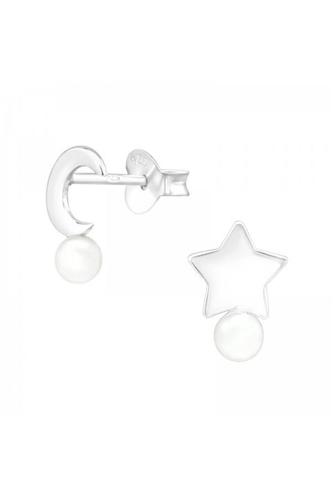 Sterling Silver Moon & star Ear Studs & Synthetic Pearl - SS
