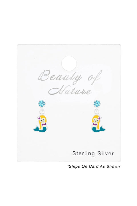 Sterling Silver Ear Studs & Hanging Mermaids & Crystal - SS