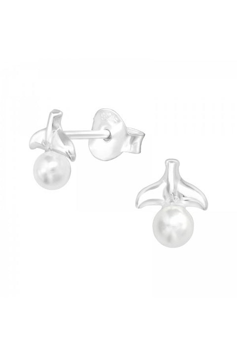 Sterling Silver Whale's Tail Ear Studs With Pearls - SS