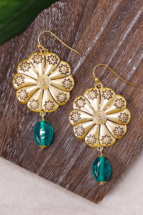 Teal Murano Glass & Hammered Floral Disc Drop Earrings - GF