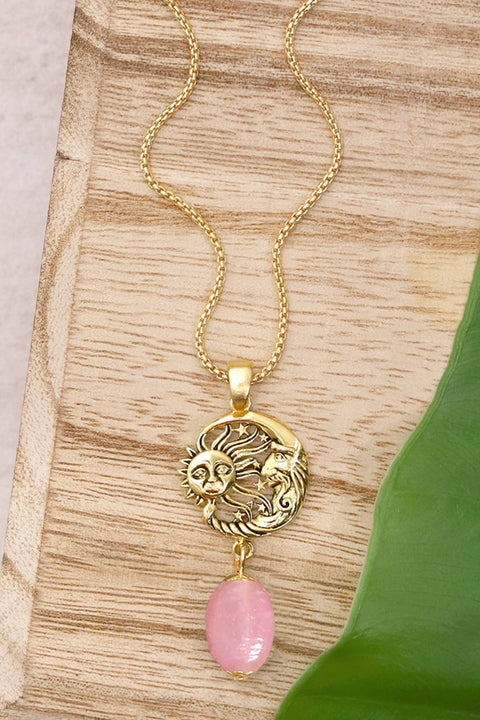 Pink Murano Glass With Sun & Moon Pendant Necklace - GF