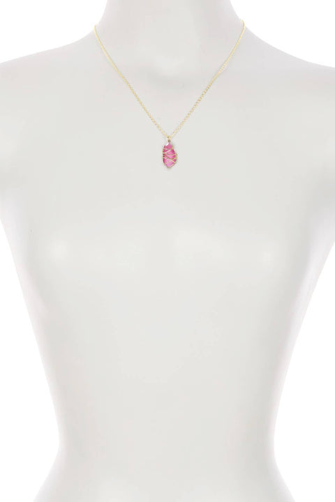 Pink Cat's Eye Wire Wrapped Pendant Necklace - GF
