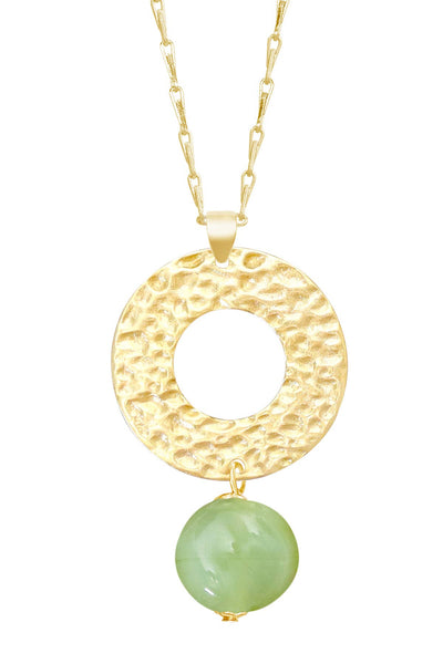 Green Murano Glass & Hammered Circle Pendant Necklace - GF