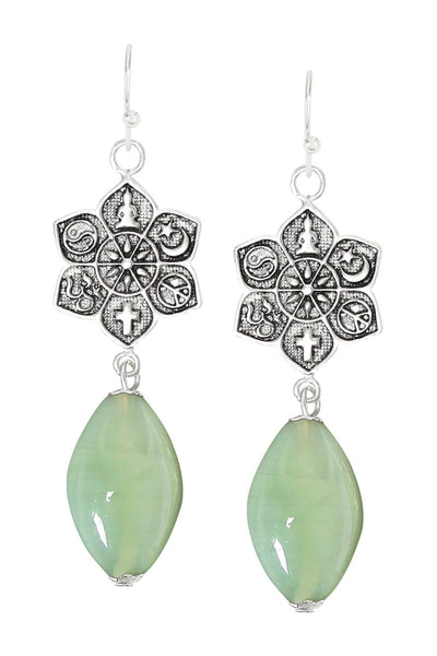 Green Murano Glass & Coexist Lotus Drop Earrings - SF