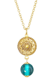 Teal Murano Glass & Mandala Disc Pendant Necklace - GF