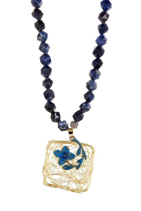 Lapis Beads Necklace With Patina Pendant - BR