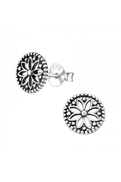 Sterling Silver Oxidized Flower Ear Studs - SS