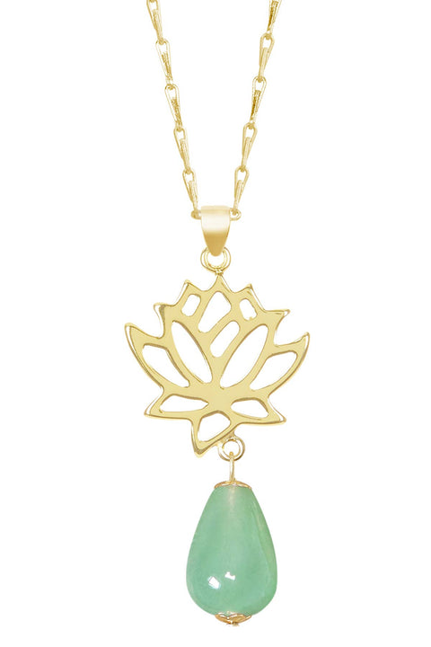 Green Aventurine & Lotus Pendant Necklace - GF