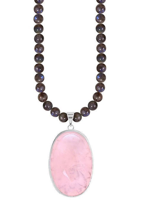 Labradorite Beads Necklace With Rose Quartz Pendant - SF