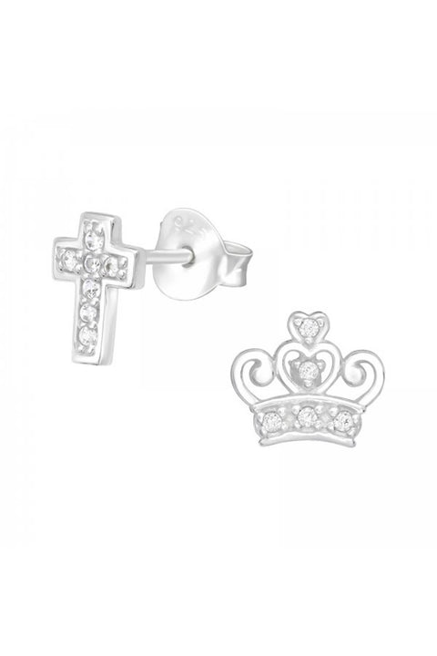 Sterling Silver Cross and Crown Ear Studs With CZ - SS