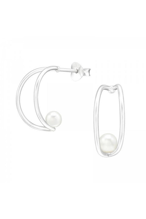 Sterling Silver Half Hoop Ear Studs & Synthetic Pearl - SS