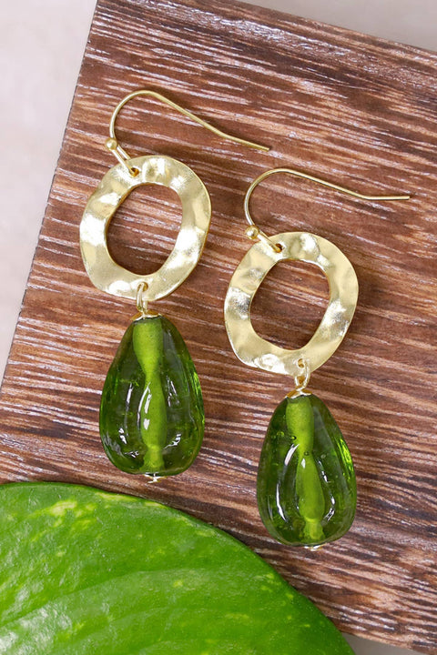 Peridot Murano Glass & Hammered Hoop Drop Earrings - GF