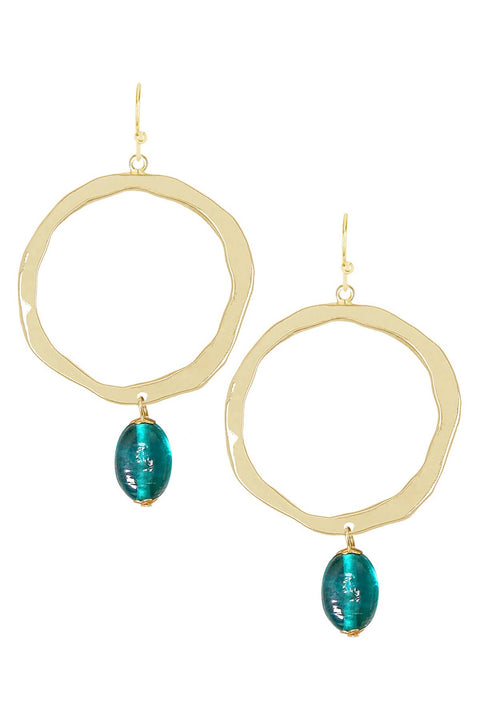 Teal Murano Glass & Hammered Hoop Drop Earrings - GF