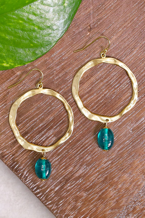 Teal Murano Glass & Hammered Hoop Drop Earrings - GF