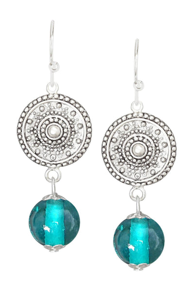 Teal Murano Glass & Mandala Disc Drop Earrings - SF