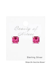 Sterling Silver Square 4mm Ear Studs With Crystals - SS