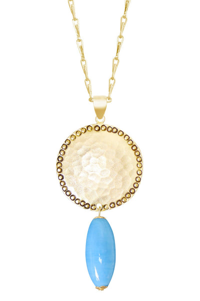 Blue Murano Glass & Hammered Coin Pendant Necklace - GF