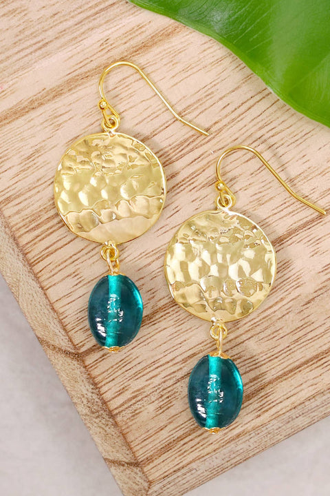 Teal Murano Glass & Hammered Disc Drop Earrings - GF