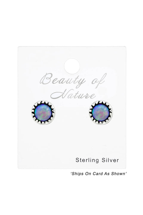 Sterling Silver Round Ear Studs With Opal - SS