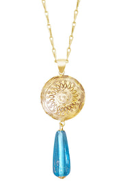 Blue Murano Glass & Floral Hammered Disc Necklace - GF