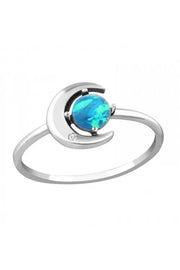 Sterling Silver Moon Ring With CZ & Created Opal - SS