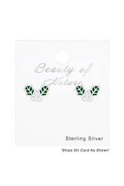 Children's Sterling Silver Holly Leaf Ear Studs With CZ - SS