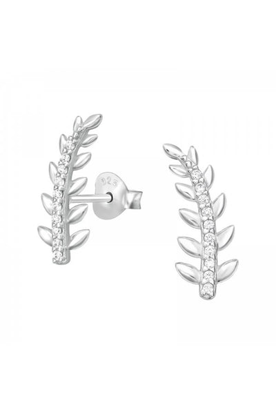 Sterling Silver Leaf Ear Studs With Cubic Zirconia - SS